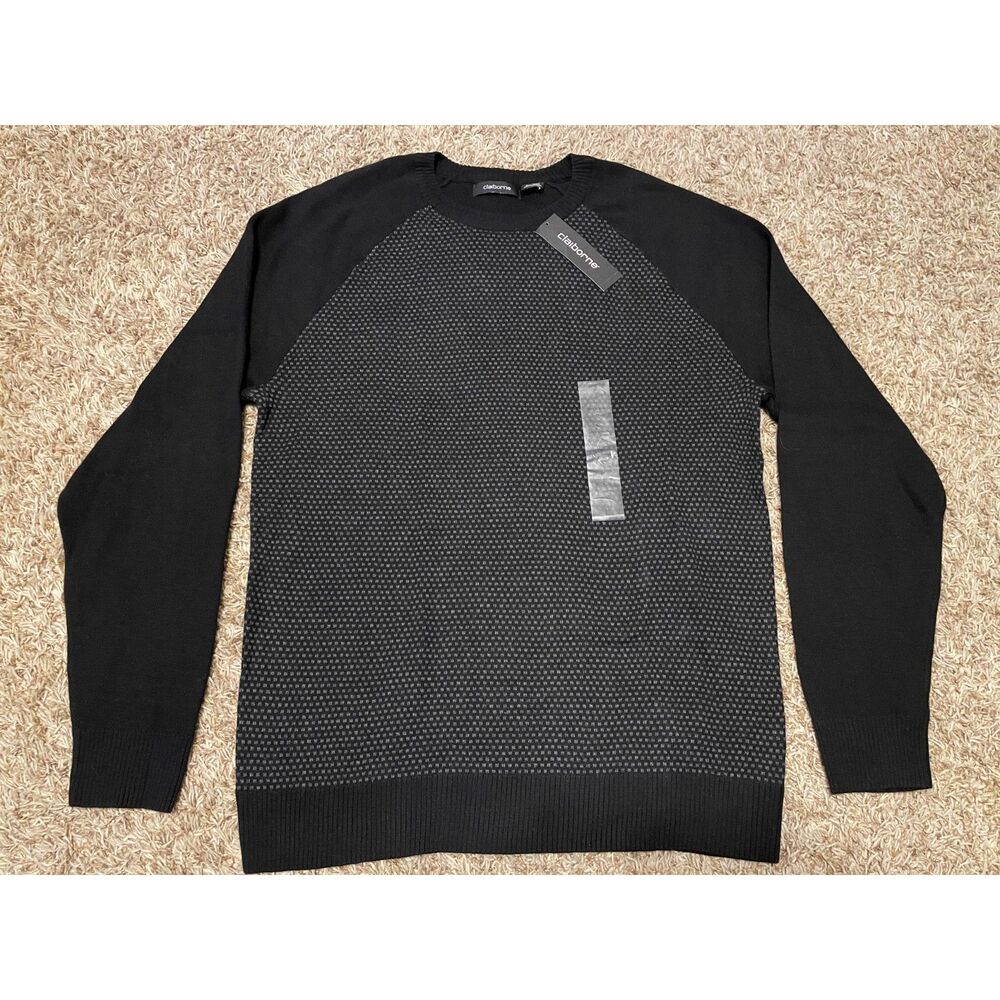 Claiborne Men's L/S Crew Neck Sweater Cotton Blend Black Gray Size L NWT